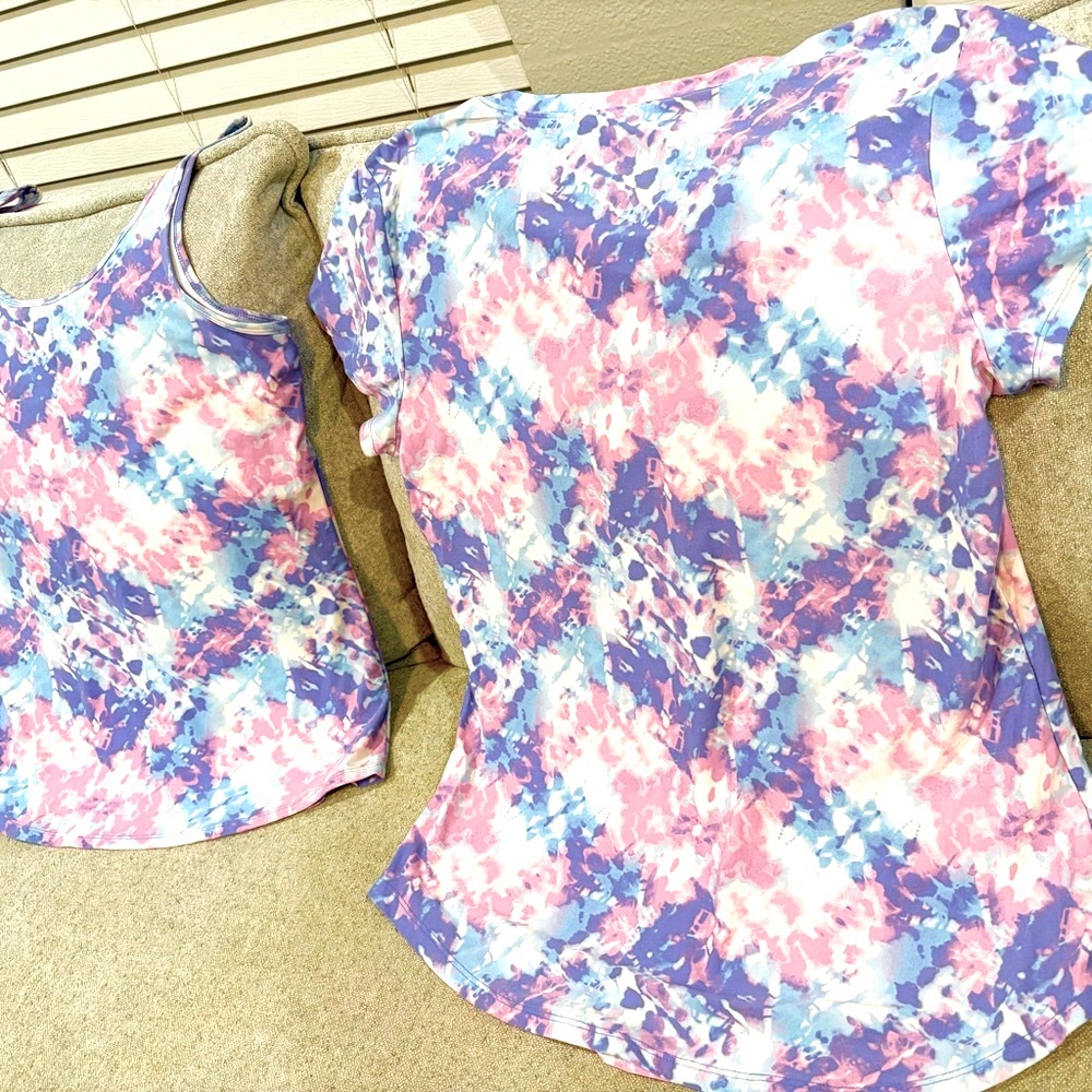 2 pc Tee & Tank top Sleeveless Set same print Tie-Dye Set purple pink blue